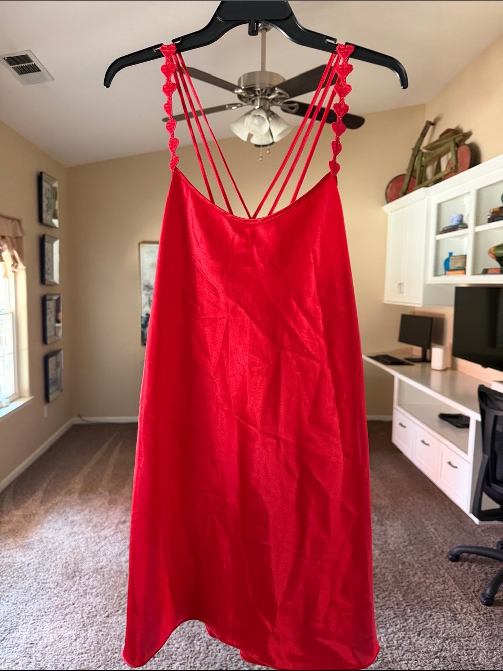 Red Strappy Satin Slip with Heart-Detail Straps